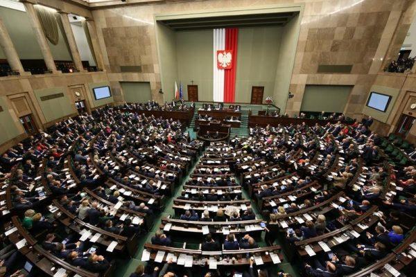 The Assembly hall of the lower house of the Polish Parliament (Sejm) in Warsaw, Poland, on Nov. 24, 2017. The Sejm passed a resolution condemning the ideology and consequences of the Bolshevik Revolution. (Krzysztof Białoskórski/Chancellery of the Sejm).