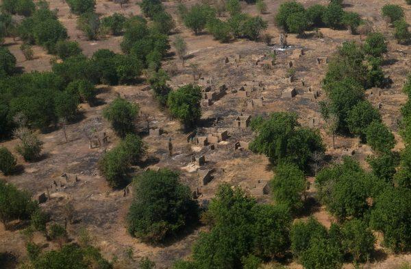 An aerial view of buildings standing on scorched ground that have been destroyed in the conflict with Boko Haram in the Bama region of Borno state, Nigeria November 23, 2017. Picture taken November 23, 2017. (Reuters/Paul Carsten)