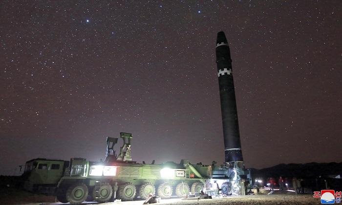 This photo taken on Nov. 29 and released on Nov. 30 by North Korea's official Korean Central News Agency (KCNA) shows the Hwasong-15 missile which is capable of reaching all parts of the United States. (KCNA via KNS/AFP/Getty Images)