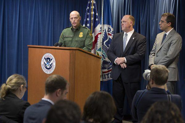 L-R: Ron Vitiello, acting deputy commissioner of U.S. Customs and Border Protection; Tom Homan, ICE deputy director; and Francis Cissna, director of U.S. Citizenship and Immigration Services, hold a press conference in Washington on Dec. 5, 2017. (ICE)