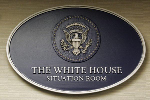 The seal of the White House Situation Room hangs on a wall inside the complex at the White House in Washington, DC, May 18, 2007. (SAUL LOEB/AFP/Getty Images)