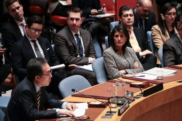 Cho Tae-yul (L), South Korean ambassador to the United Nations, speaks as Nikki Haley (R), U.S. ambassador to the United Nations, looks on during an emergency meeting of the United Nations Security Council concerning North Korea's nuclear ambitions, at the United Nations headquarters, on Nov. 29, 2017. (Drew Angerer/Getty Images)