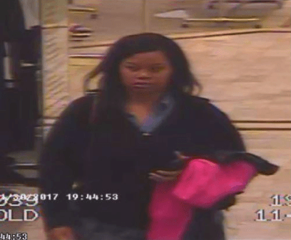 Suspect 1.<br/>She is believed to be the driver of the fleeing vehicle. (Security cam footage / Willowbrook Mall)