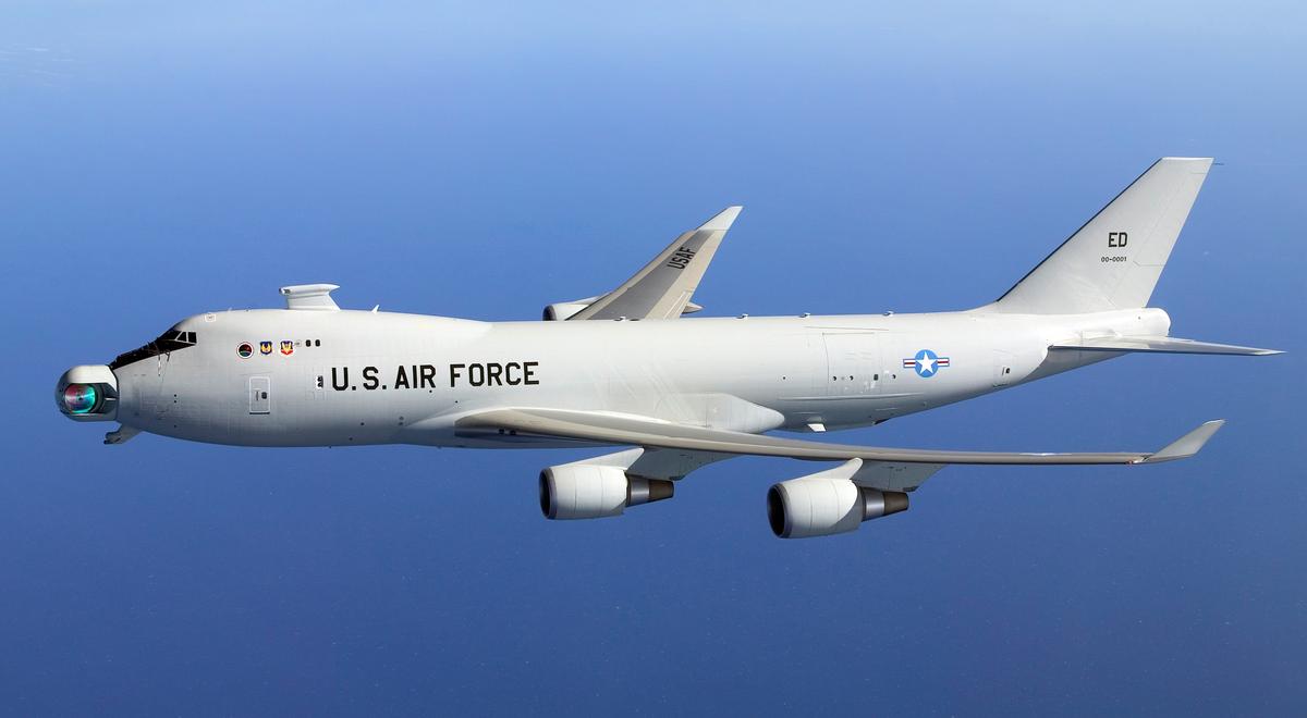 The Yal 1A Airborne Laser Aircraft conducts initial ball rotation tests at Western Test Range. The Boeing YAL-1 was a megawatt-class chemical laser mounted inside a modified Boeing 747-400F. The plane and laser proved too large and too costly to be effective in taking out ballistic missiles in their early boost phase but new solid-state lasers are smaller and could be mounted to unmanned drones. (MDA Photo)
