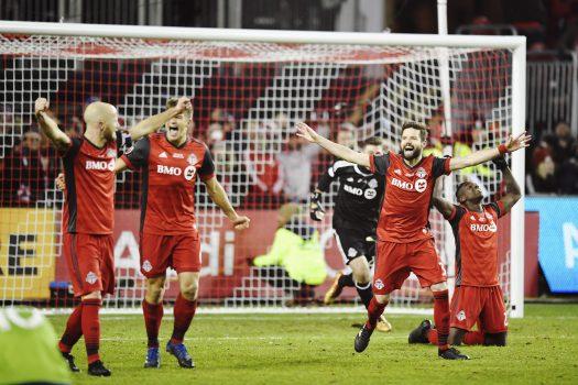 Toronto FC players celebrate after defeating the Seattle Sounders in MLS Cup in Toronto on Dec. 9, 2017. (The Canadian Press/ Frank Gunn)