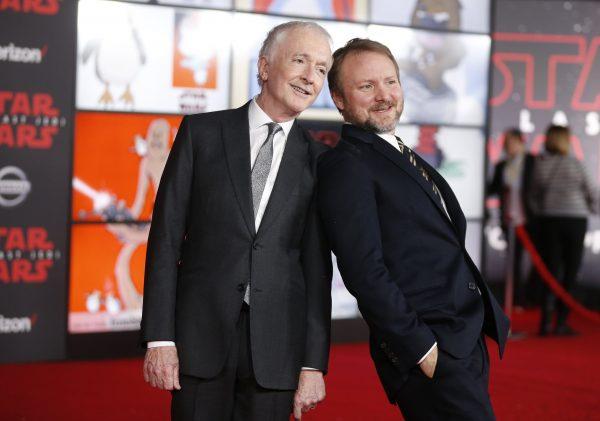 Actor Anthony Daniels (L) and director Rian Johnson at the World Premiere of “Star Wars: The Last Jedi” in Los Angeles, December 9, 2017. (Reuters/Danny Moloshok)