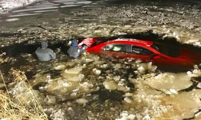 Man Rescued in the Nick of Time as Car Sinks Into Frozen Pond