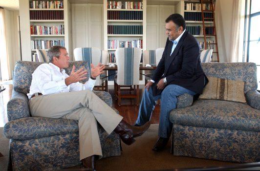 Former president George W. Bush meets with Prince Bandar bin Sultan, the Saudi Arabian ambassador, at Bush's Ranch in Crawford, Texas, in 2002. (Eric Drapper-White House/Getty Images)