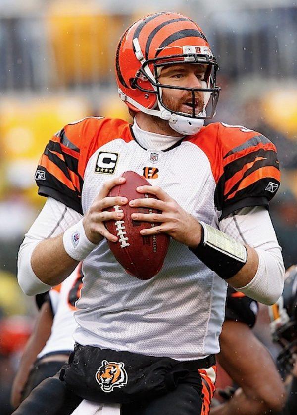 Quarterback Carson Palmer (shown in this file photo), wearing a wristband containing a list of plays to communicate to his team. (Jared Wickerham/Getty Images)