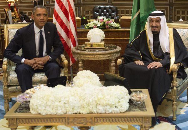 President Barack Obama (L) meets with King Salman at Erga Palace in Riyadh, Saudi Arabia, on Jan. 27, 2015. (SAUL LOEB/AFP/Getty Images)