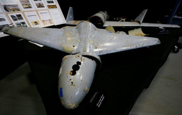 A U.S. Department of Defense exhibit shows a drone that the Pentagon says was manufactured in Iran but recovered in Yemen, as it sits on display at a military base in Washington, U.S., December 13, 2017. (Reuters/Jim Bourg)