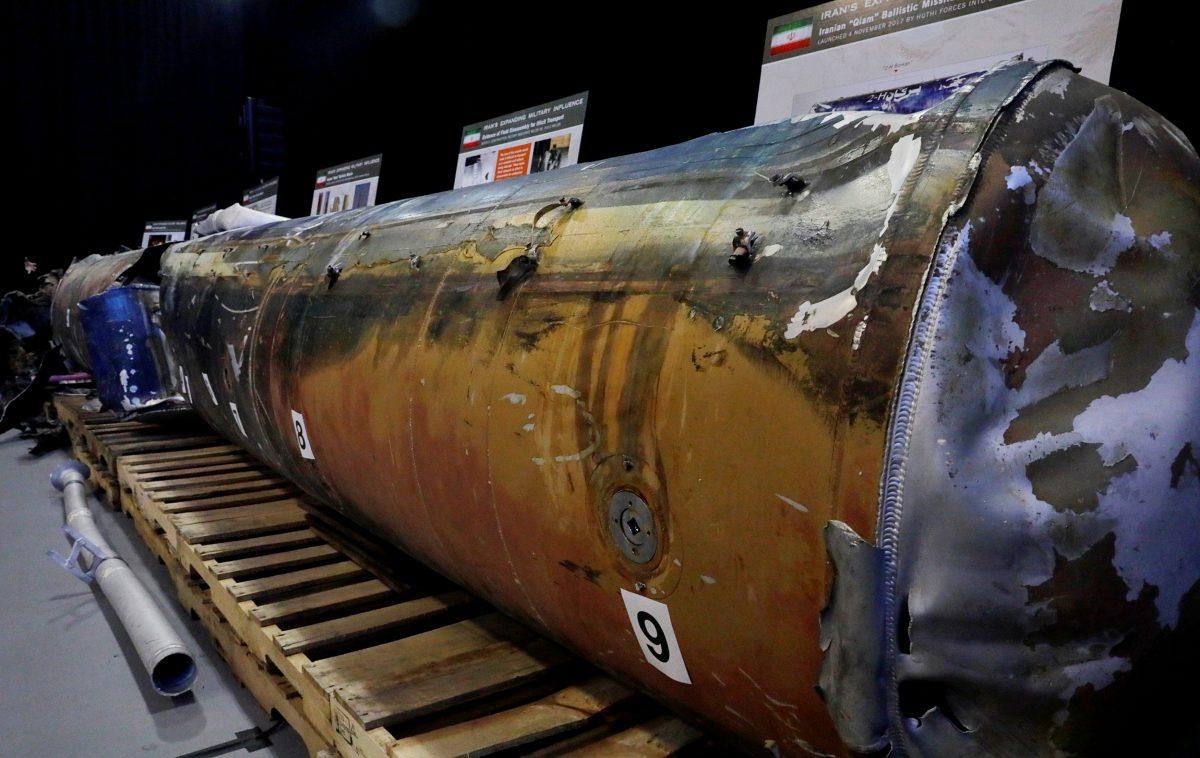 A missile that the U.S. Department of Defense says is confirmed as a "Qiam" ballistic missile manufactured in Iran because of its distinctively Iranian nine fueling ports and that the Pentagon says was fired by Houthi rebels from Yemen into Saudi Arabia on July 22, 2017, is displayed at a military base in Washington on Dec. 13, 2017. (Jim Bourg/Reuters)
