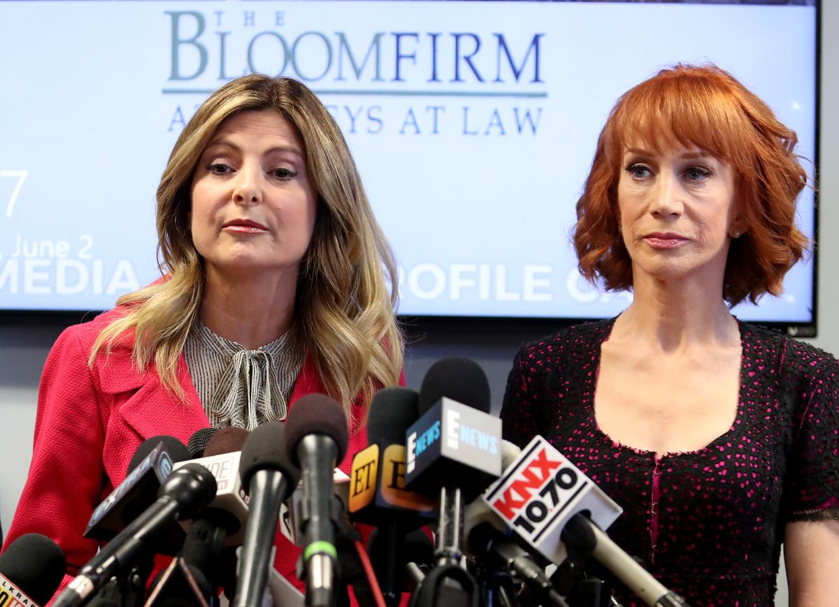 Kathy Griffin (R) and her attorney Lisa Bloom speak during a press conference at The Bloom Firm on June 2, 2017 in Woodland Hills, California. (Frederick M. Brown/Getty Images)
