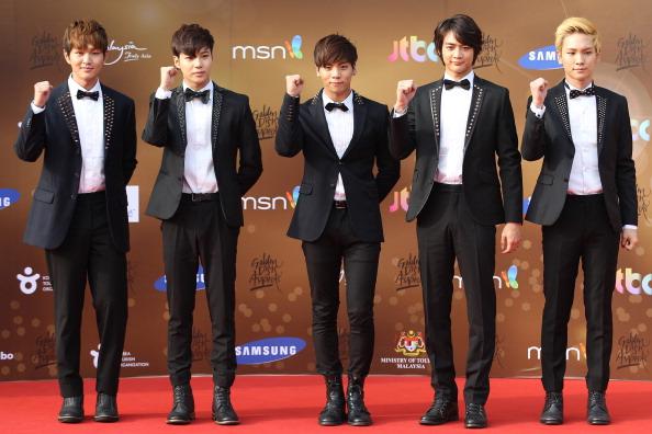South Korean K-pop band Shinee pose on the red carpet during the Samsung Galaxy the 27th Golden Disk Awards at the Sepang International Circuit in Sepang outside Kuala Lumpur on Jan. 15, 2013. (Mohd Rasfan/AFP/Getty Images)