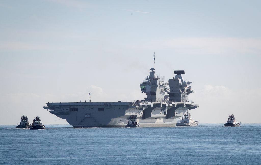 The Royal Navy's newest aircraft carrier HMS Queen Elizabeth departs Portsmouth dockyard, in England, on Oct. 30, 2017. (Matt Cardy/Getty Images)