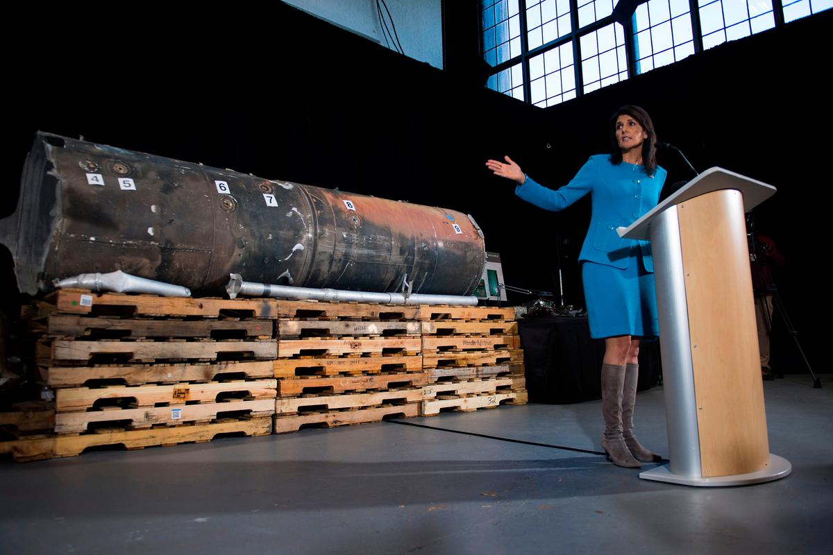 U.S. Ambassador to the United Nations Nikki Haley unveils previously classified information intending to prove Iran violated UNSCR 2231 by providing the Houthi rebels in Yemen with arms during a press conference at Joint Base Anacostia in Washington, DC, on Dec. 14, 2017. (JIM WATSON/AFP/Getty Images)