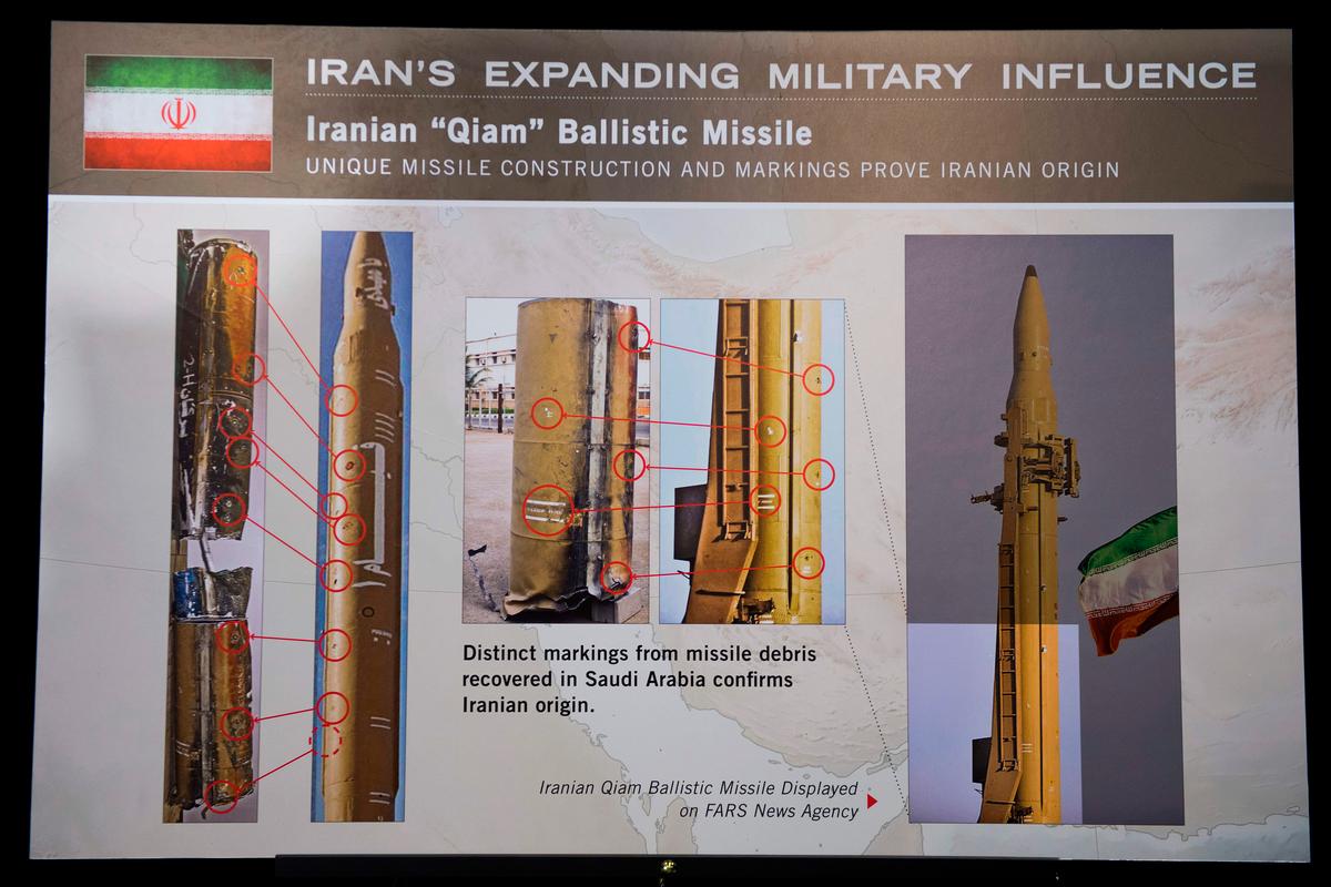 A placard describing pieces of an Iranian Qiam Ballistic Missile on display after U.S. Ambassador to the United Nations Nikki Haley unveiled previously classified information to prove Iran violated UNSCR 2231 by providing the Houthi rebels in Yemen with arms during a press conference at Joint Base Anacostia in Washington, DC, on Dec. 14, 2017. (read JIM WATSON/AFP/Getty Images)