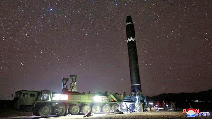 A Chinese made transporter erector launcher truck is used to place North Korea's Hwasong-15 missile shortly before launch on Nov. 28, 2017. (North Korea state media)