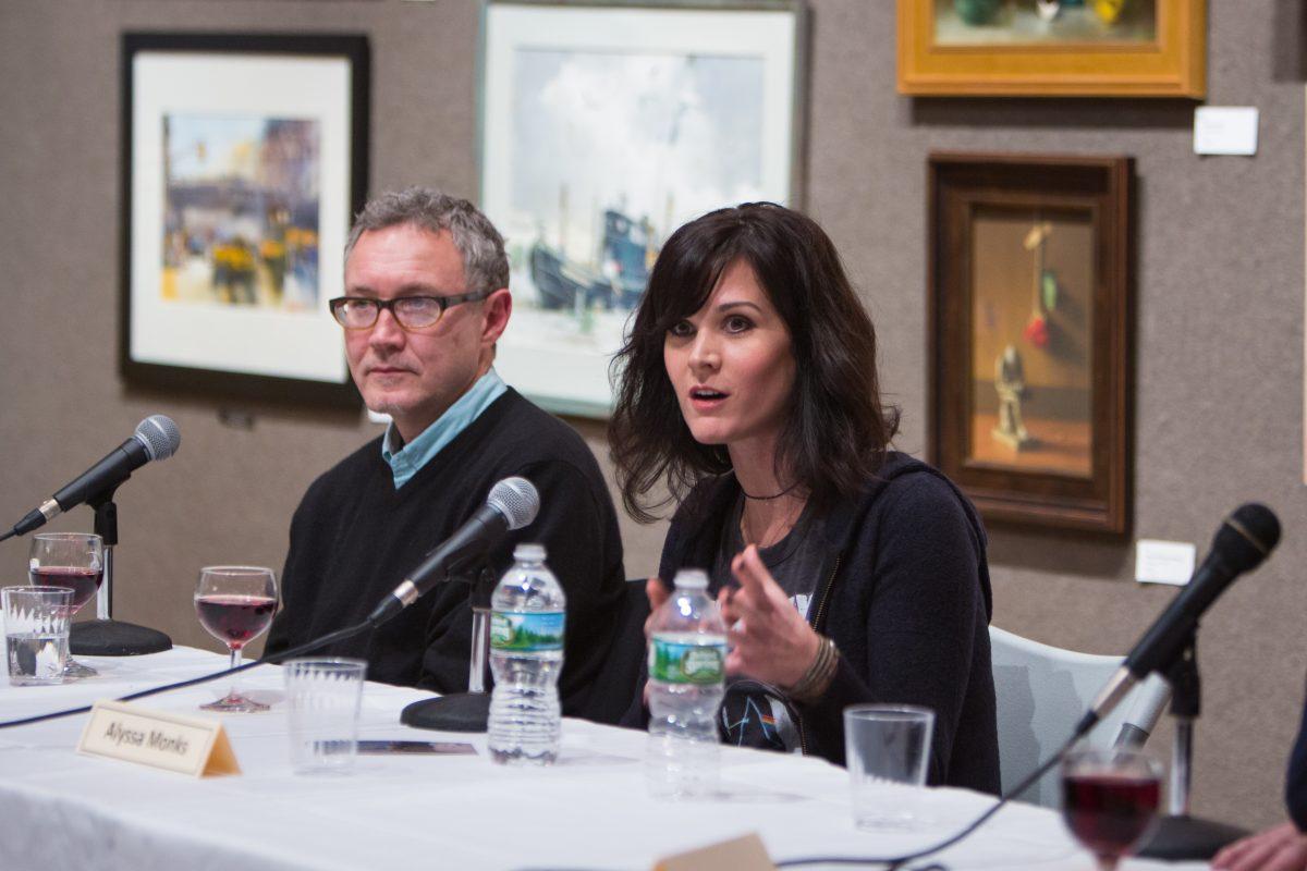Artist Alyssa Monks speaks at the "FAA Dialogues" panel discussion at the Salmagundi Club on Nov. 30, 2017 (Benjamin Chasteen/The Epoch Times)