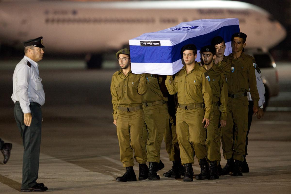 Israeli soldiers carry the coffin of Amir Menashe, who was killed in an attack in Bulgaria, during a ceremony at Ben Gurion International Airport on July 20, 2012, near Tel Aviv, Israel. Israel has placed the blame for the attack, which killed eight Israeli tourists, on Iranian-backed Hezbollah terrorists. (Uriel Sinai/Getty Images)
