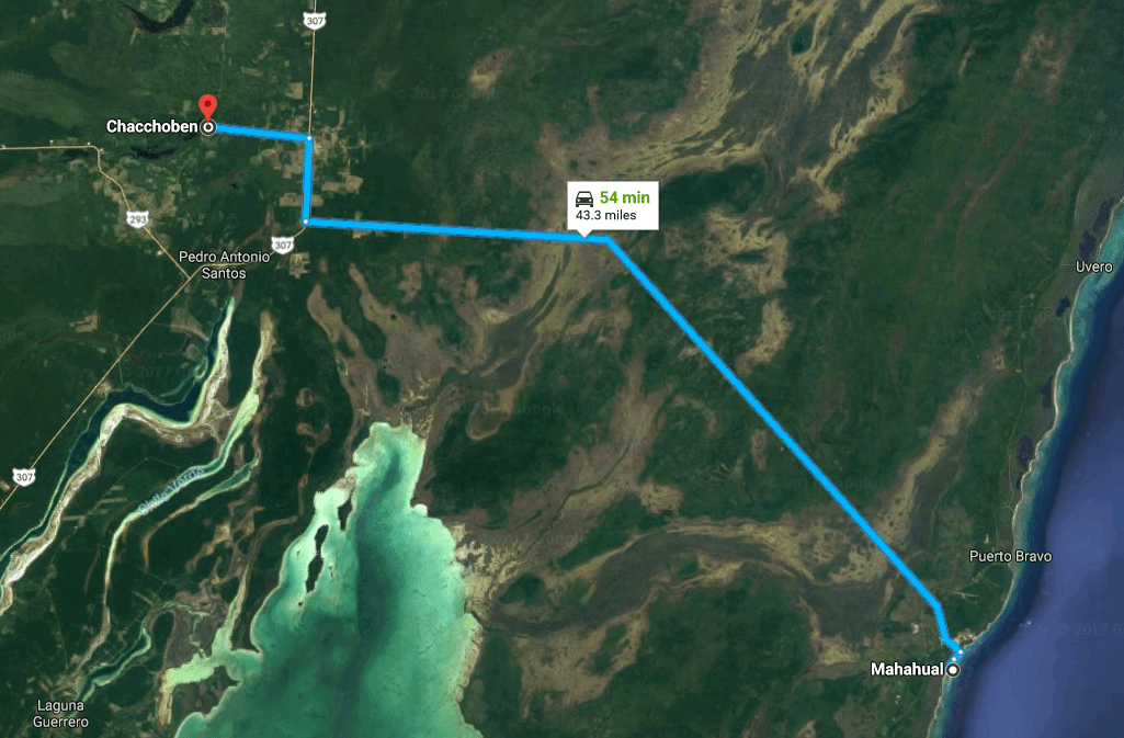 The route from Mahahual to Chacchoben, Mexico. (Screenshot via Google Maps)