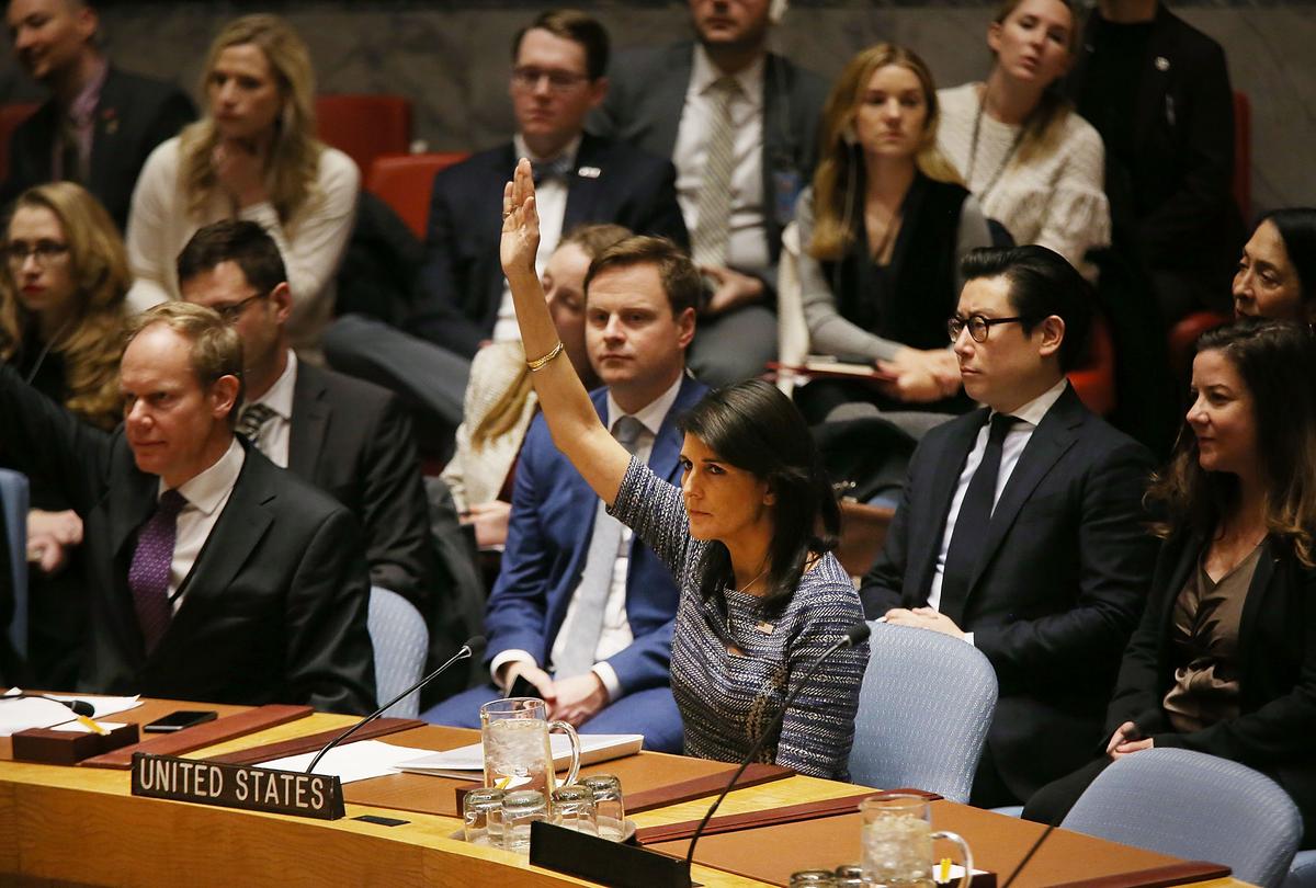 Nikki Haley, the United States Ambassador to the United Nations, votes with other members of the United Nations Security Council to impose new sanctions on North Korea in New York City on Dec. 22, 2017. (Spencer Platt/Getty Images)