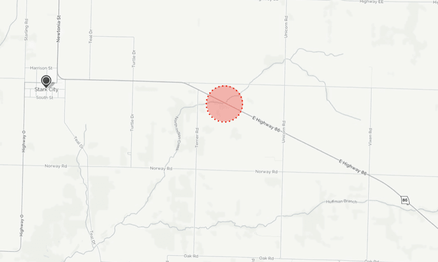 The crash happened on MO-86, 2 miles east of Stark City, Missouri, around 6:40 p.m. (Screenshot via MapQuest)