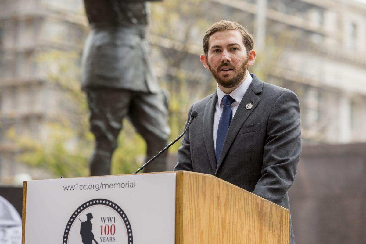 Lead designer of the National World War I Memorial, Joseph Weishaar, at the ceremonial groundbreaking at Pershing Park in Washington on Nov. 9, 2017. (Samira Bouaou/The Epoch Times)