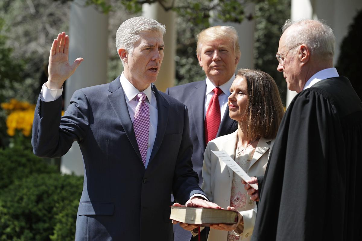 Judge Neil Gorsuch is administered the judicial oath in the Rose Garden at the White House on April 10, 2017. (Chip Somodevilla/Getty Images)