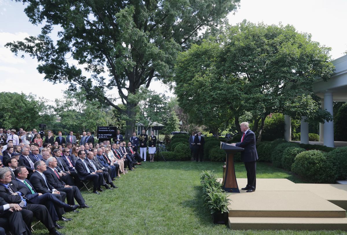 President Donald Trump announces his decision to pull the United States out of the Paris climate agreement in the Rose Garden at the White House on June 1, 2017. (Chip Somodevilla/Getty Images)