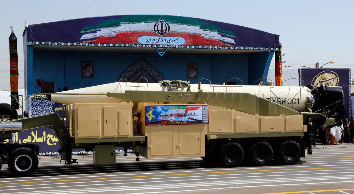Iran shows off a medium-range ballistic missile during a military parade on Sept. 22, 2017. (STR/AFP/Getty Images)
