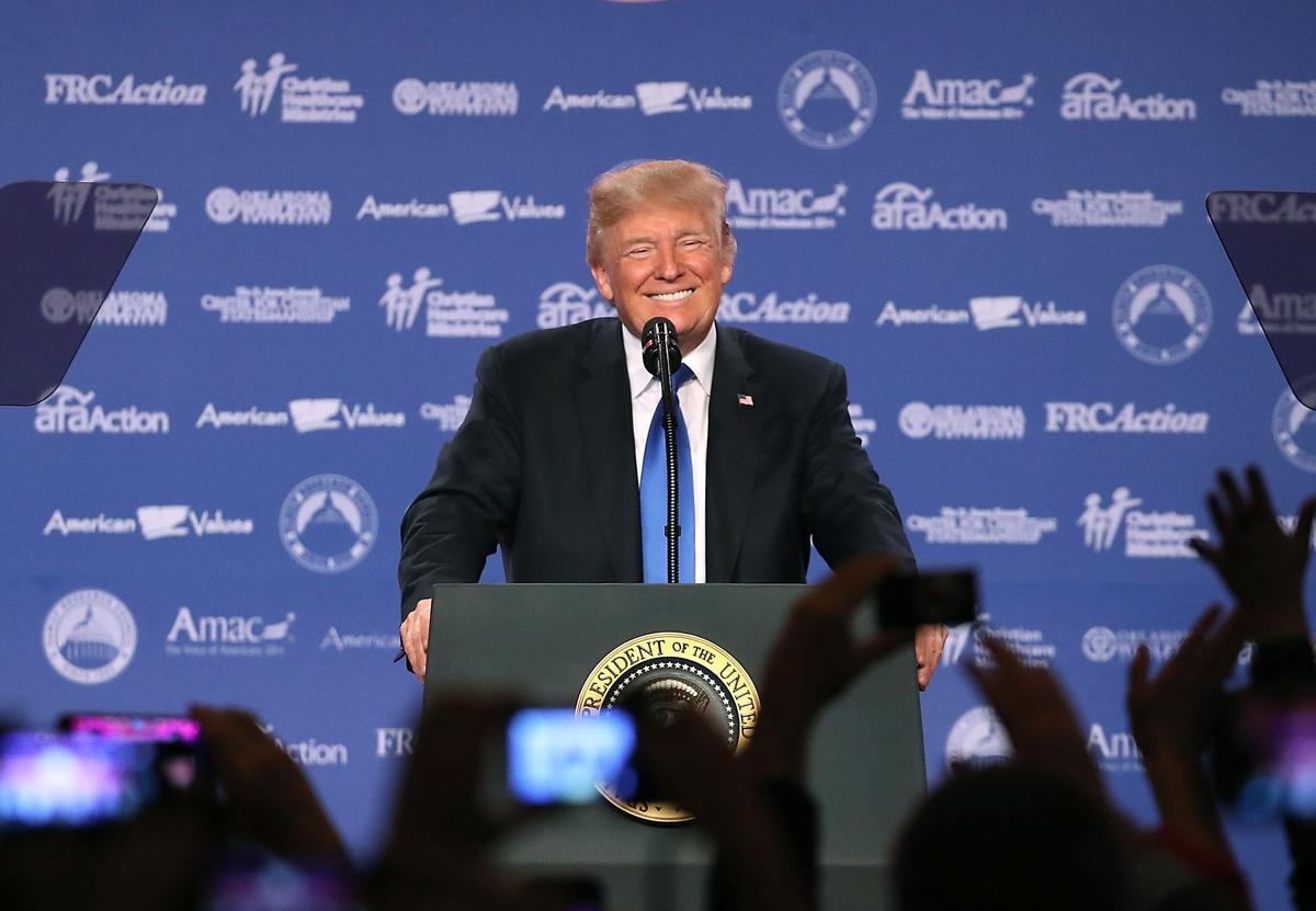 President Donald Trump speaks during the annual Family Research Council's Values Voter Summit at the Omni Shoreham Hotel in Washington on Oct. 13, 2017. (Mark Wilson/Getty Images)