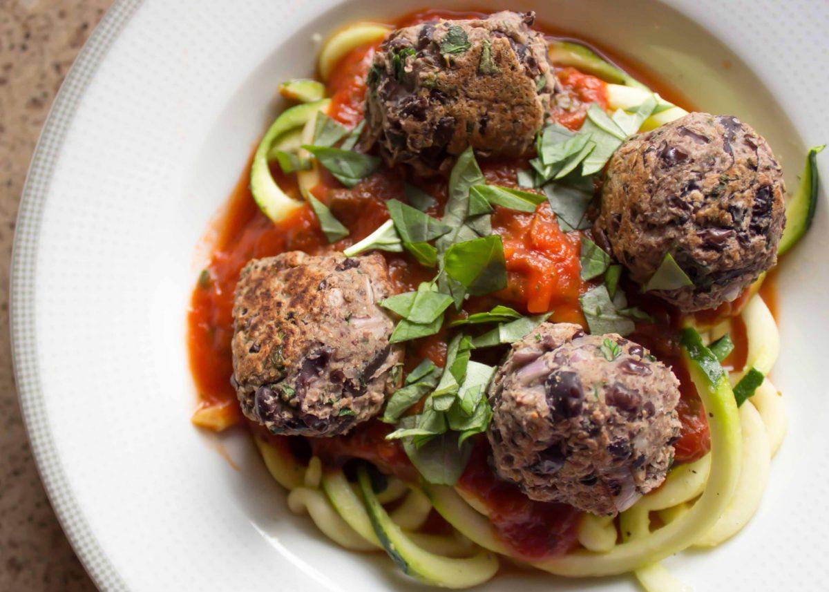 Black Bean Meatless Balls and Zucchini Noodles (Courtesy of The Monday Campaigns)