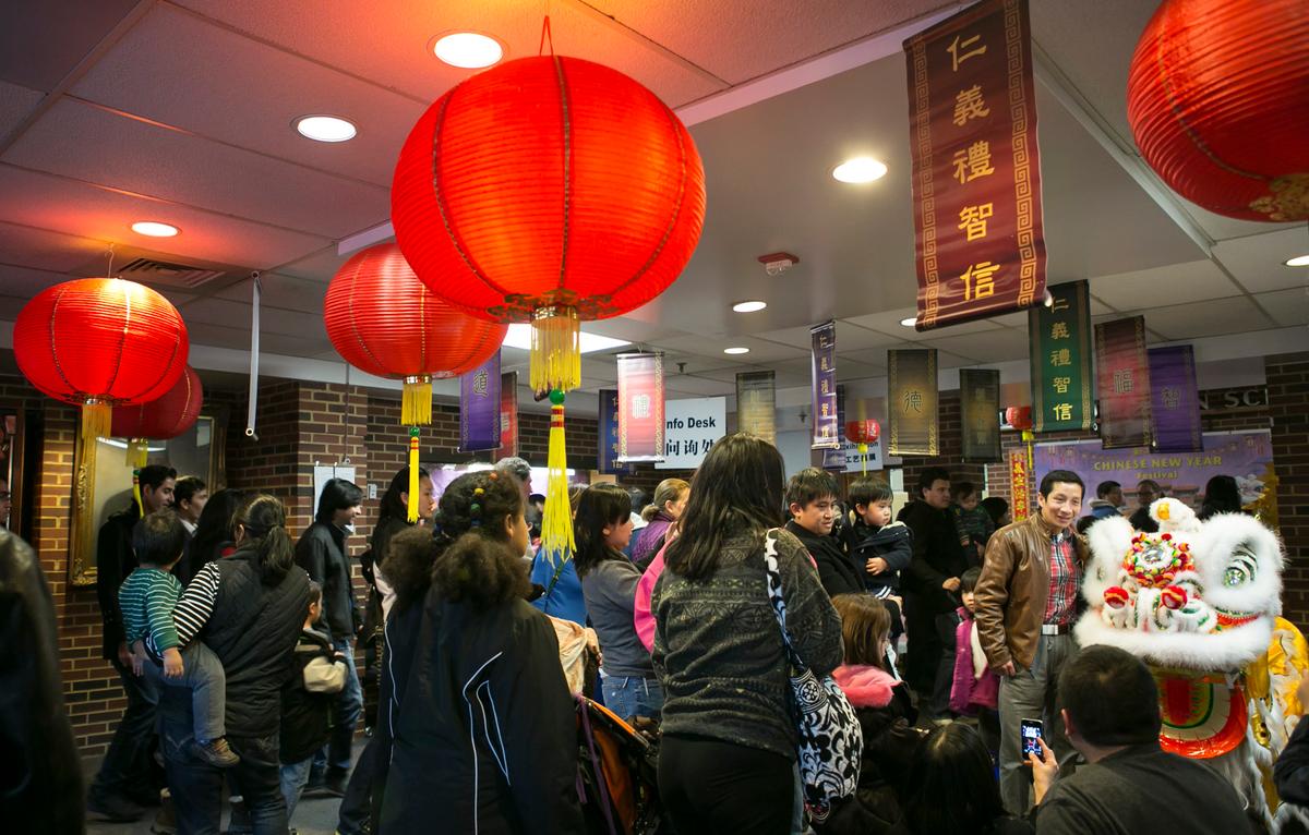The lobby area filled with traditional Chinese decorations in the Luther Jackson Middle School at the 10th Annual Chinese New Year Festival in Falls Church, Virginia, on Jan. 14, 2017. (Asian Community Service Center)