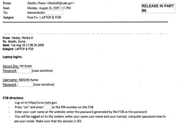 A screenshot of an email showing Huma Abedin sending passwords to her Yahoo email account. (Source: State Department)