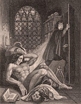 Victor Frankenstein becoming disgusted at his creation. Steel engraving by Theodor von Holst from the frontispiece of the 1831 revised edition of “Frankenstein” by Mary Shelley, published by Colburn and Bentley, London 1831.  (Public Domain)
