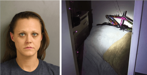April Burrier, 32, the boy's mother (L). The closet to which the child was regularly confined. (R) (Harris County Precinct 5)