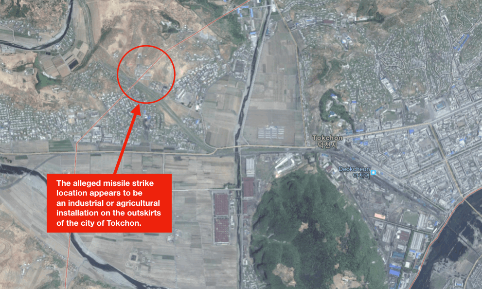Satellite images from May 2017 reportedly show damage caused by a failed test launch that struck the North Korean city of Tokchon weeks earlier in April, according to a US government official. (Google Maps)