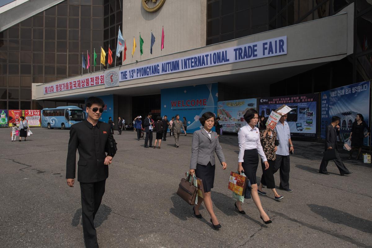 North Korean visitors leave the 13th International Trade Fair in Pyongyang on Sept. 25, 2017. (ED JONES/AFP/Getty Images)