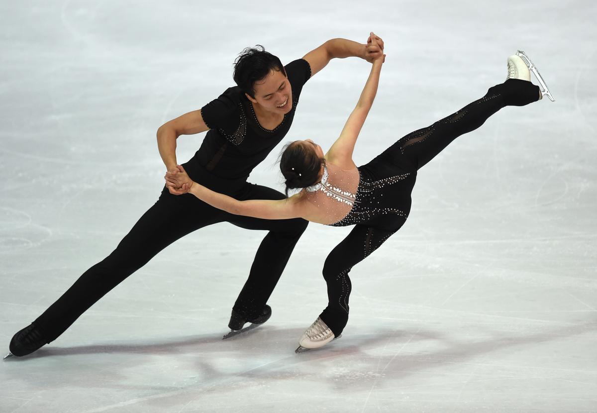Ryom Tae-Ok and Kim Ju-Sik of North Korea perform during their pairs free skating program of the 49th Nebelhorn trophy figure skating competition in Oberstdorf, southern Germany, on Sept. 29, 2017. The pair have qualified for the upcoming Winter Games in South Korea and are expected to participate, pending talks between North and South Korea. (CHRISTOF STACHE/AFP/Getty Images)