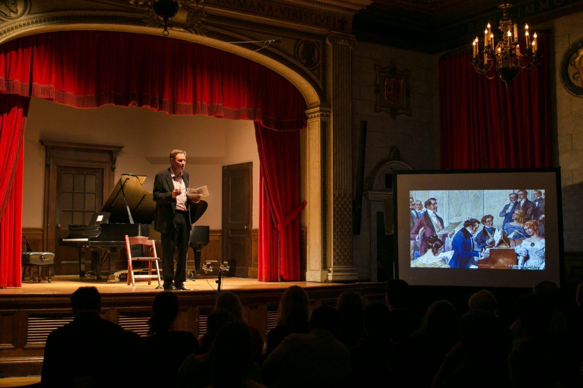 Writer Stephen Johnson gives a talk at the "Romantic Vienna" event produced by Aspect Foundation for Music and Arts at the Italian Academy at Columbia University in New York on Jan. 26, 2016. (Benjamin Chasteen/The Epoch Times)