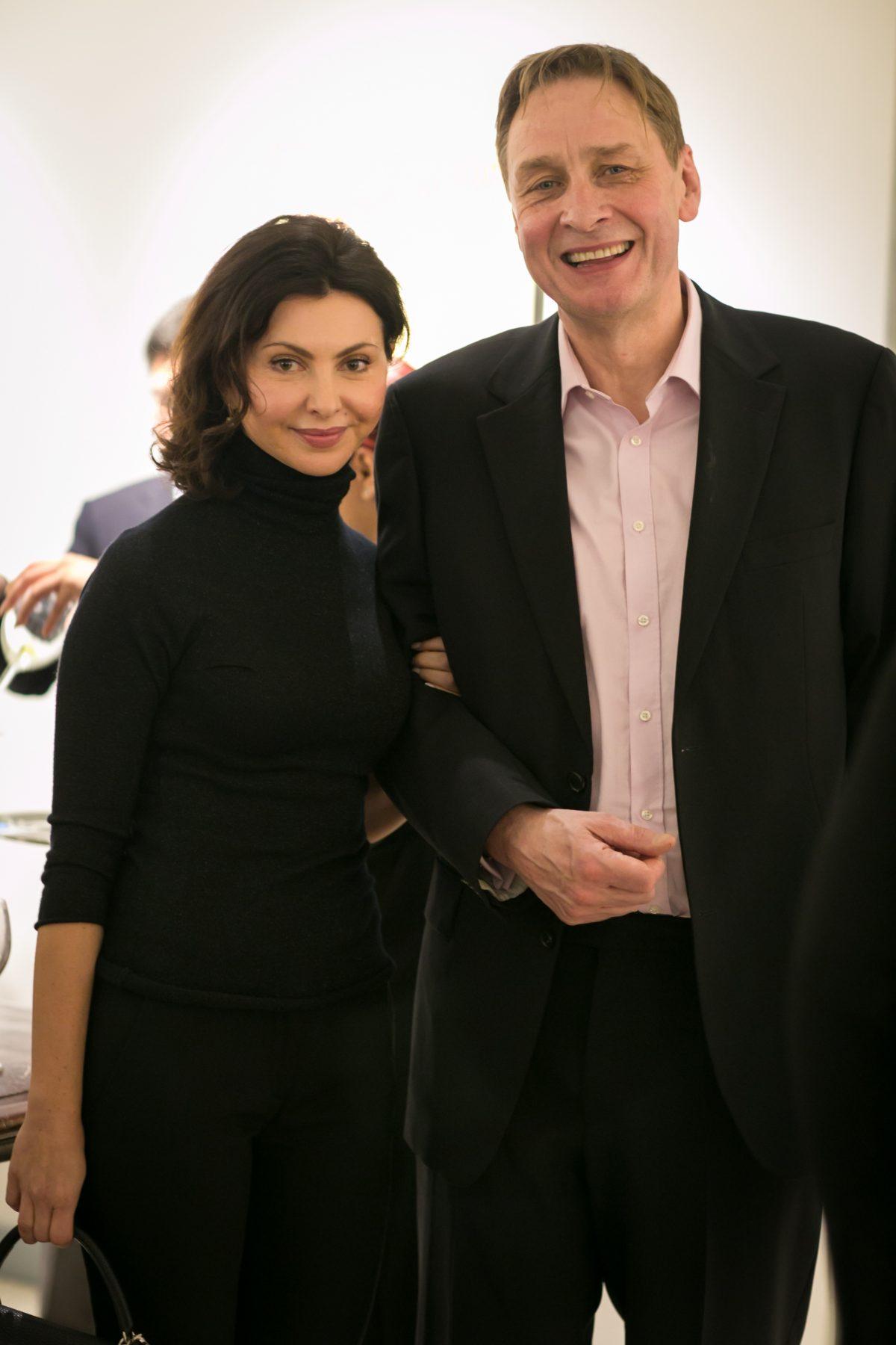 Irina Knaster, founder of Aspect Foundation, and speaker Stephen Johnson during intermission at the "Romantic Vienna" concert at the Italian Academy at Columbia University on Jan. 26, 2016. (Benjamin Chasteen/The Epoch Times)