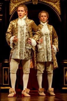 (L–R) Both Iestyn Davies and Sam Crane play castrati singer Carlo Farinelli. Crane delivers the lines Davies's sings, in "Farinelli and the King" now at the Belasco Theatre.  <br/>(Joan Marcus)