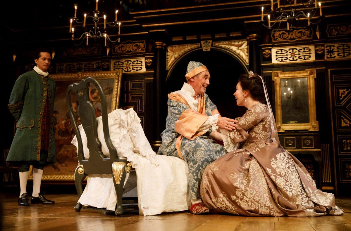 (L–R) Doctor José Cervi (Huss Garbiya) King Philippe V (Mark Rylance), and Queen Isabella (Melody Grove), in "Farinelli and the King" now at the Belasco Theatre. . (Joan Marcus)