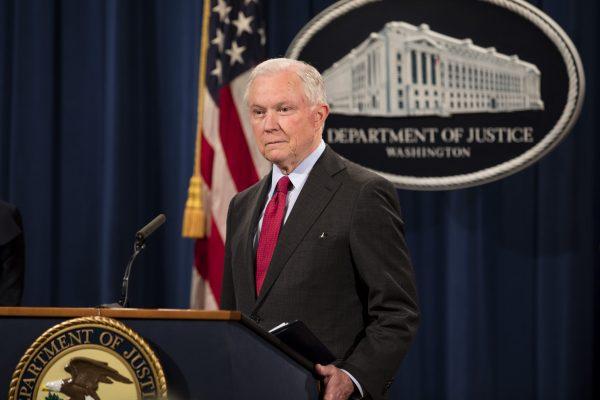 Attorney General Jeff Sessions speaks at a press conference at the Justice Department in Washington on Dec. 15, 2017. (Samira Bouaou/The Epoch Times)