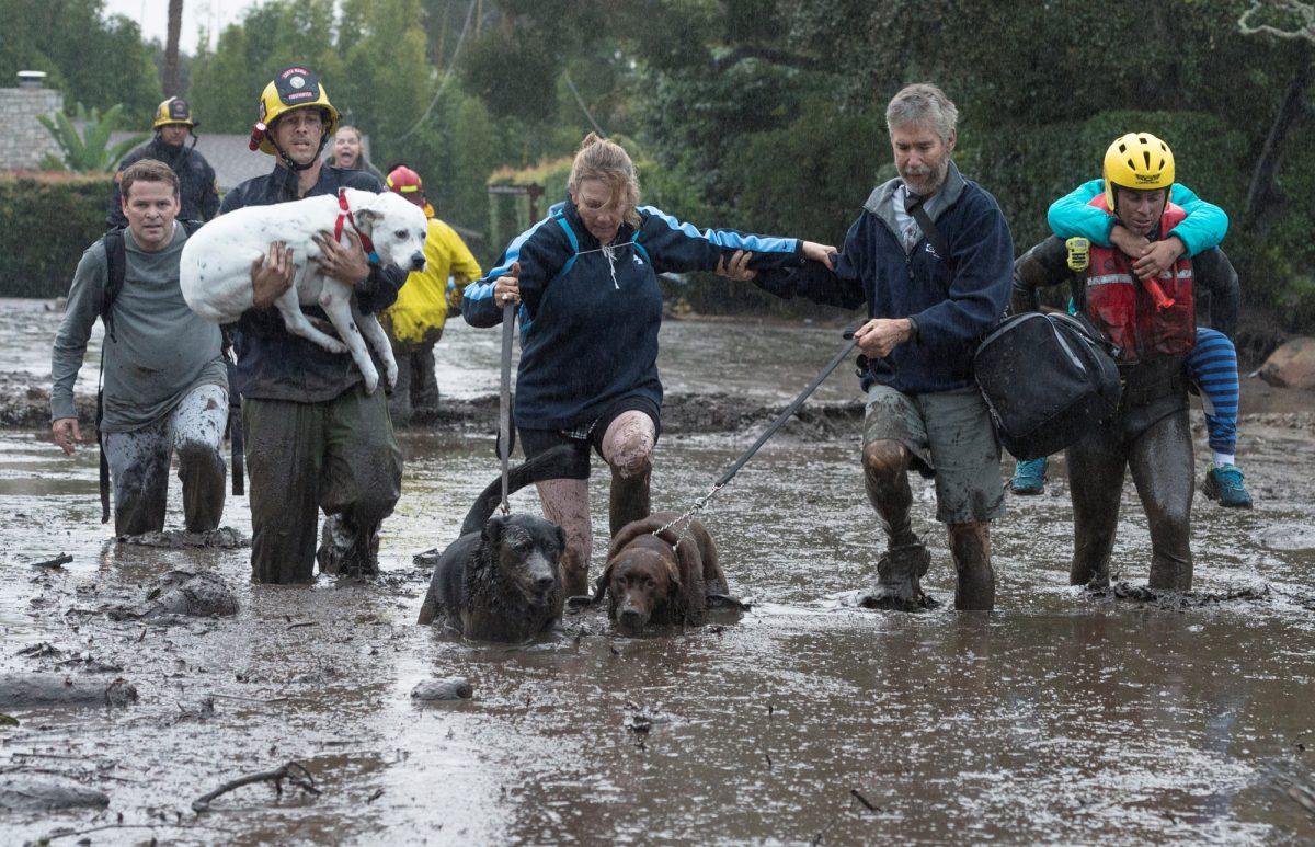 Emergency personnel evacuate local residents and their dogs through flooded waters after a mudslide in Montecito, California, U.S. Jan. 9, 2018. (Kenneth Song/Santa Barbara News-Press via Reuters)