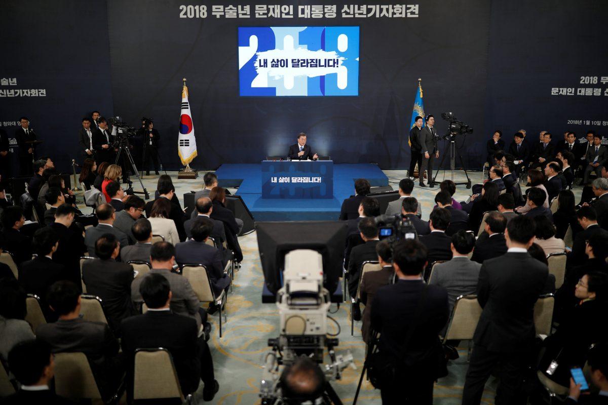South Korean President Moon Jae In answers reporters' question during his New Year news conference at the Presidential Blue House in Seoul, South Korea, Jan. 10, 2018. (Reuters/Kim Hong Ji)