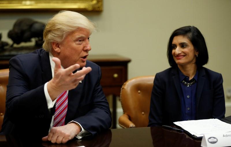 President Donald Trump attends the Women in Healthcare panel hosted by Seema Verma (R), Administrator of the Centers for Medicare and Medicaid Services, at the White House in Washington on March 22, 2017. (REUTERS/Kevin Lamarque)