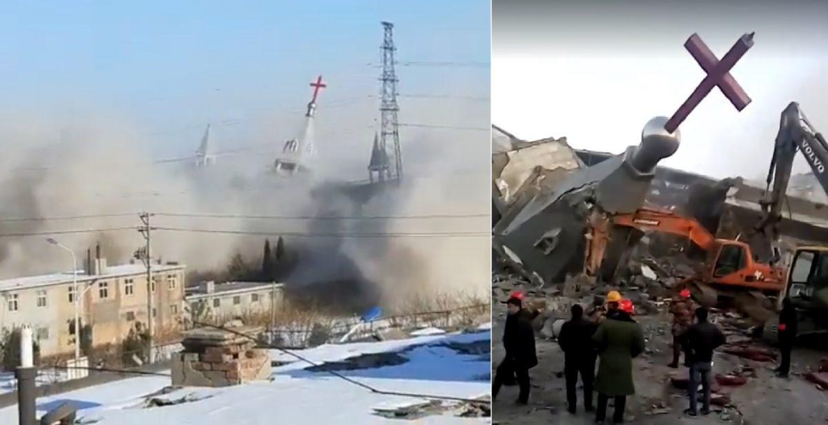 Screenshots from videos uploaded by ChinaAid show the destruction of Golden Lampstand Church in the city of Linfen in China’s Shanxi province on Tuesday, Jan. 9, 2018. (ChinaAid)
