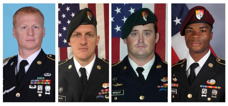 A combination photo of U.S. Army Special Forces Sergeant Jeremiah Johnson (L to R), U.S. Special Forces Sgt. Bryan Black, U.S. Special Forces Sgt. Dustin Wright and U.S. Special Forces Sgt. La David Johnson killed in Niger, West Africa on Oct. 4, 2017. (U.S. Army Special Operations Command/Handout via Reuters)